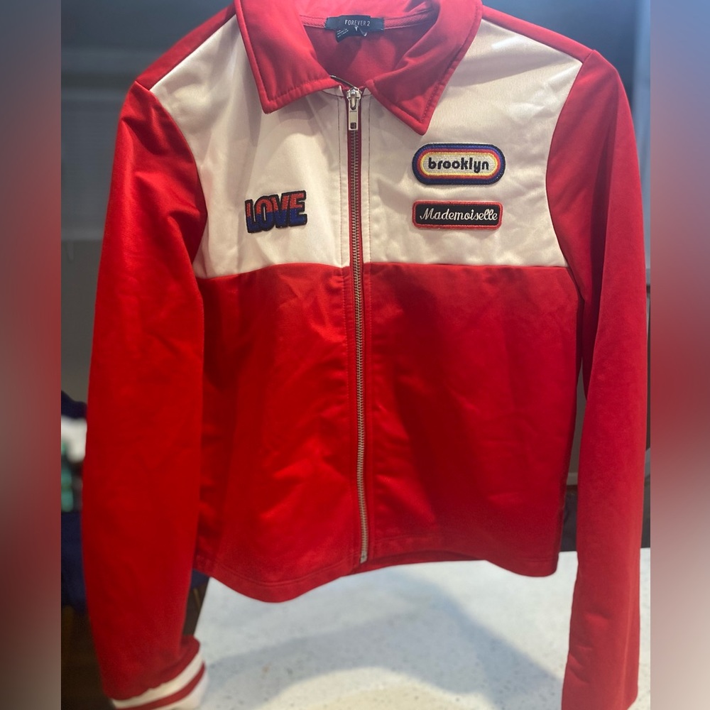 Forever 21 jacket size medium red and white with patches like new
